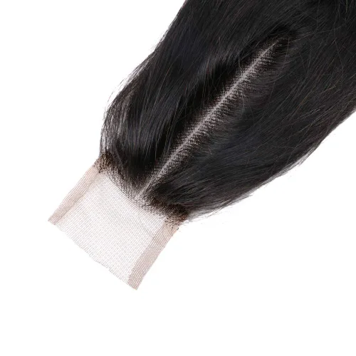 Miniatura 3 de 2 x 6 con cierre de encaje de raya profunda de cabello humano brasileño virgen Remy cierre de parte media con cabello de bebé, color natural