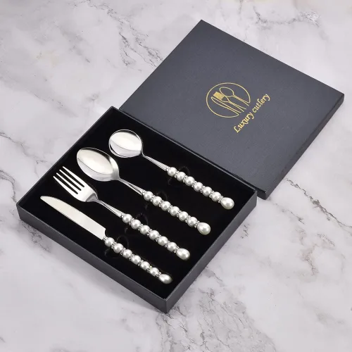 Miniatura 6 de Moderno juego de cubiertos para 16 elegantes cubiertos de acero inoxidable 18/10, mango de perla, 64 cuchillos, tenedores y cucharas, juego
