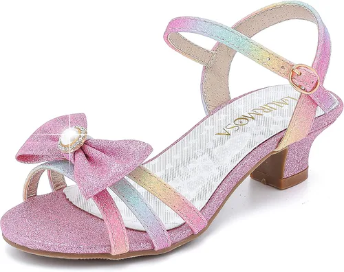 LAURMOSA Sandalias para niñas, zapatos de vestir para fiesta de boda, puntera abierta, tacones altos con purpurina para niños pequeños y grandes