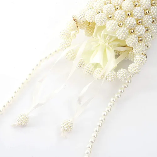 Miniatura 6 de YIFEI Bolsos hechos a mano con cuentas pequeñas perlas para mujer, con cadena desmontable, para fiesta de boda, Blanco