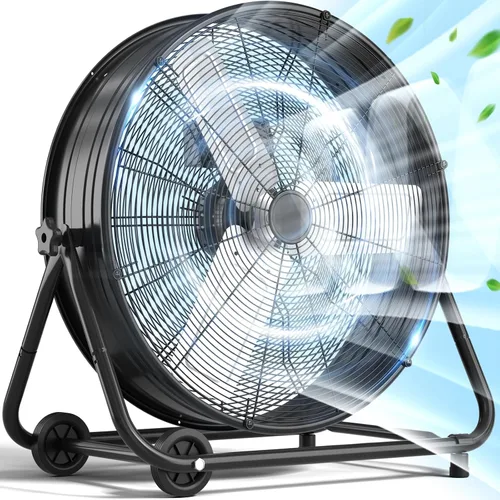 LifePlus Ventilador de tambor industrial de 24 pulgadas, ventilador de piso de alta velocidad, circulador de aire de metal resistente de 3