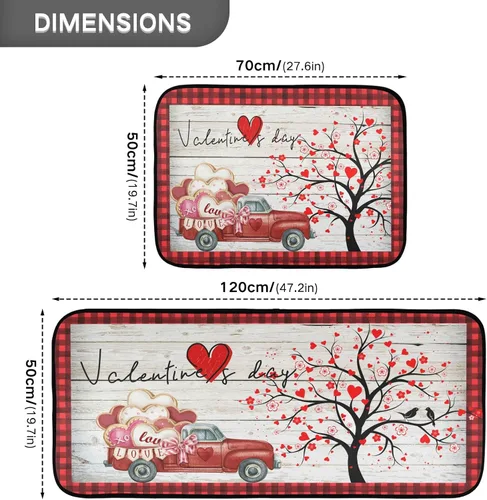 Miniatura 3 de Juego de 2 alfombras y tapetes de cocina retro con diseño de camión rojo con diseño de árbol de corazón, diseño de búfalo rojo, antifatiga