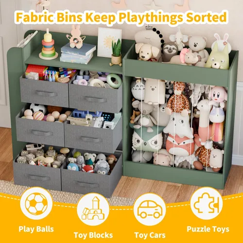 Miniatura 5 de Organizador de almacenamiento de juguetes de 61 pulgadas de ancho con 6 contenedores de almacenamiento, estantería de 3 niveles para niños y soporte