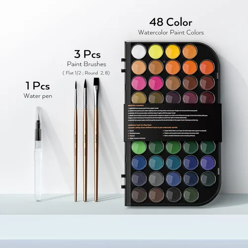 Miniatura 2 de Nicpro Juego de pintura de acuarela, kit de 48 colores de agua con 3 pinceles de pintura, paleta, bolígrafo de acuarela, suministros de pintura