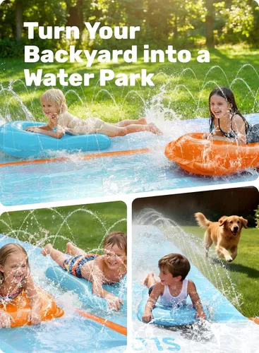 Miniatura 6 de Sloosh Tobogán acuático de 32.5 pies con 2 tablas inflables, aspersor de agua de doble carril para niños, adultos, patio trasero, juguete de verano