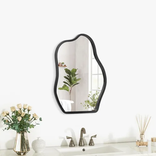 Miniatura 2 de Espejo de pared asimétrico con marco de madera, espejo colgante moderno irregular para pared para tocador, sala de estar, dormitorio, baño, entrada