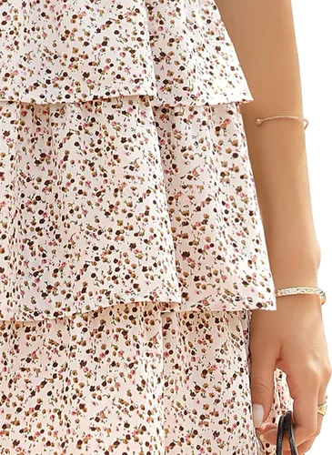 Miniatura 6 de Ellakoko Vestido de verano casual tipo babydoll para mujer, lindo vestido floral con lazo en el hombro escalonado con lunares suizos fruncidos