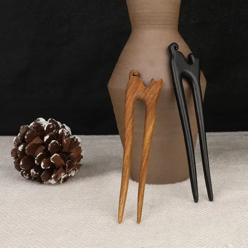 Miniatura 7 de 2 unidades de palos de pelo de madera en forma de U hechos a mano tallada de madera francesa con bonito diseño de gato, 2 puntas, horquillas