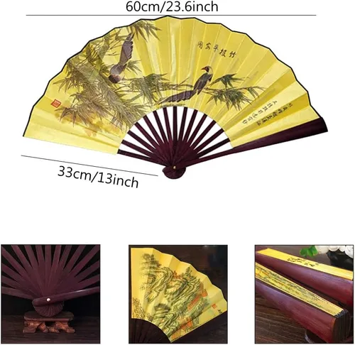 Miniatura 2 de Fox Baby Abanico de mano plegable, 13 pulgadas de tela de bambú grandes ventiladores de mano con pintura tradicional china para decoraciones