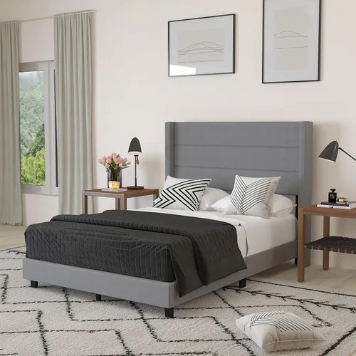 Miniatura 15 de Merrick Lane Percy - Cama de plataforma moderna, lino sintético beige, tamaño Queen, cabecero acolchado con respaldo con alas cosidas de canal