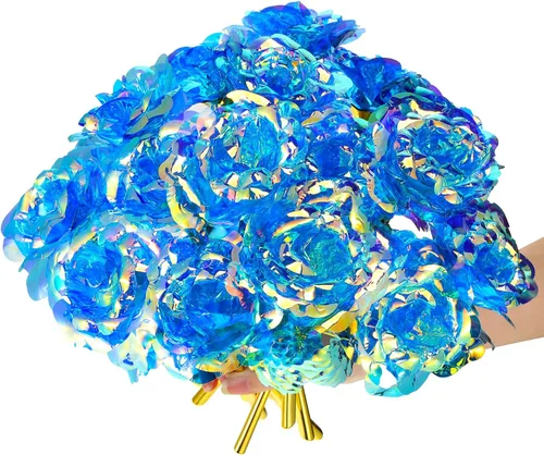 Miniatura 10 de Lyrow 12 rosas de galaxia con tallos, regalo para ella, rosa de cristal falsa preservada para siempre, 24 quilates, para decoración de cumpleaños