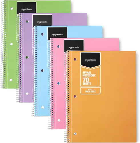 Miniatura 8 de Amazon Basics Cuaderno espiral con rayas universitarias, 70 hojas, 10.5 x 8 pulgadas, colores sólidos surtidos, paquete de 5 Varios colores lisos