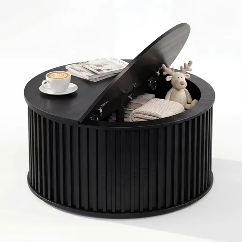 Miniatura 7 de Mesa auxiliar redonda con almacenamiento, mesa central acanalada de 35.43 pulgadas para sala de estar, mesa moderna de mediados de siglo, color negro