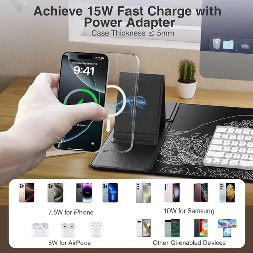 Miniatura 7 de Wireless Charging Mouse Pad with Foldable Phone Holder, 31.5"x15.8" Large Desk Mat for Laptop/Keyboard, Waterproof Ultra-Smooth Surface, Non-Slip
