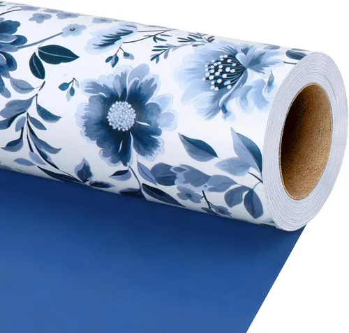 LaRibbons Rollo de papel de regalo reversible floral azul, elegante diseño de peonía azul y blanco, envoltura de regalo china para el día de San