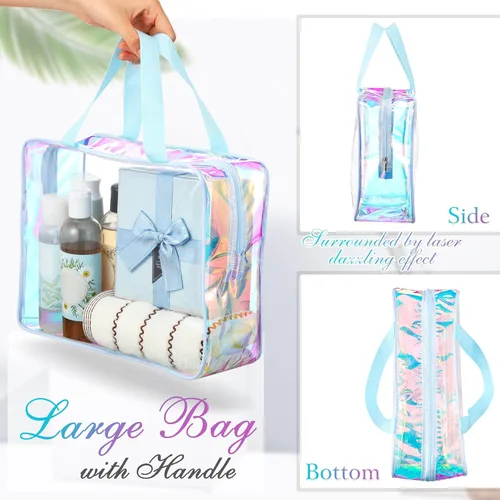 Miniatura 4 de Sweetude Bolsa de aseo transparente grande con asa, bolsa de maquillaje de playa iridiscente de gran capacidad, bolsa de maquillaje de PVC Azul
