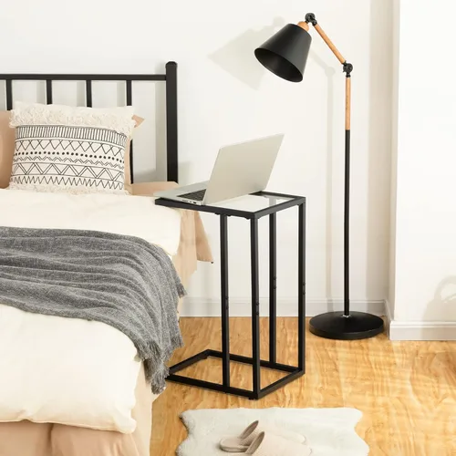 Miniatura 6 de HOOBRO Mesa auxiliar en forma de C, mesa auxiliar para sofá, mesa de sofá para espacio pequeño con vidrio templado, marco de metal, estilo moderno