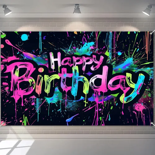 Miniatura 20 de HOMETITUTE Pancarta de Neón de Feliz 10mo Cumpleaños 71 x 43 pulgadas, Salpicadura de Pintura que Brilla en la Oscuridad, Telón de Fondo