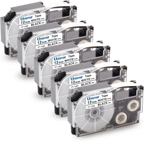 Unismar Repuesto para Casio XR-12WE 0.472 in cinta de etiquetas negra sobre blanca para Casio KL60 KL-100 KL120 KL-750 KL-780 KL-G2 KL-1500 KL-2000