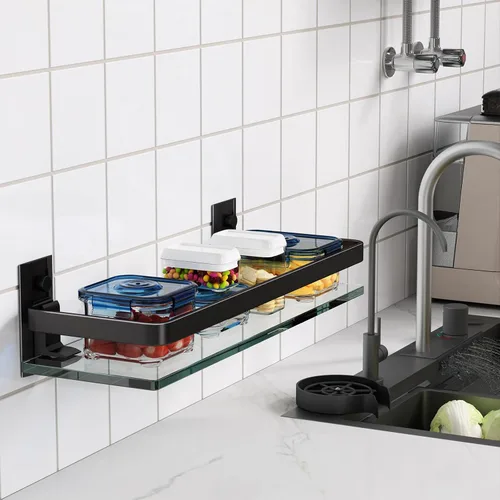 Miniatura 8 de Danpoo Estante de Pared de Vidrio Templado Transparente, Organizador de Montaje en Pared para Baño, Cocina (Negro Mate)