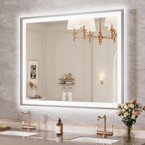 Miniatura 74 de Espejo de baño LED de 60x36 pulgadas con marco negro, espejos de baño retroiluminados y con luz frontal para pared, antiempañamiento, regulable