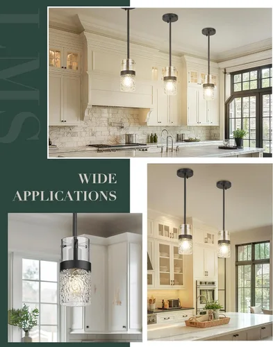 Miniatura 5 de LMS Luces colgantes de cristal para isla de cocina, 1 luz moderna negra colgante con vidrio martillado y varillas, mini iluminación colgante