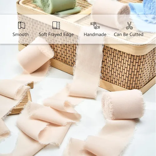 Miniatura 3 de Pretty Jolly Cinta de gasa beige para envolver regalos, 3 rollos de 2 pulgadas x 7 yardas, cinta de tela de seda hecha a mano con flecos para ramo