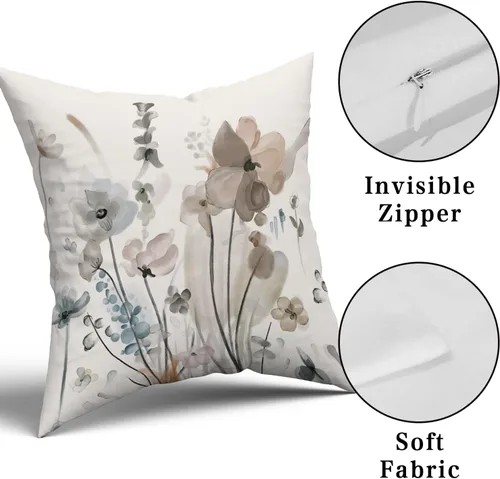 Miniatura 7 de Juego de 2 fundas de almohada florales en acuarela de 18 x 18 pulgadas, color marrón, crema, gris, verde azulado, floral, rústico, abstracto