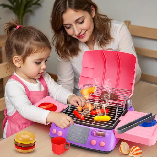 Miniatura 6 de Juego de barbacoa para niños, juego de cocina con luz de sonido de humo de simulación, para niñas pequeñas, color rosa, para niños de 3 a 5 años, 4