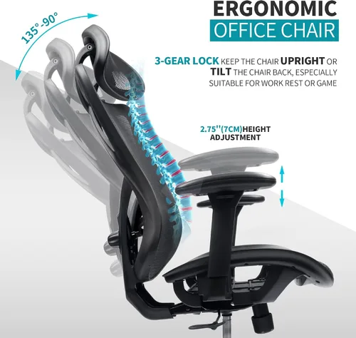 Miniatura 7 de Silla de oficina de malla ergonómica, silla de escritorio de altura ajustable, respaldo alto, silla de oficina de malla con patas de rueda, soporte