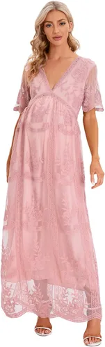 ZIUMUDY Vestido de novia de maternidad con cuello en V y encaje floral de manga corta para sesión de fotos, baby shower