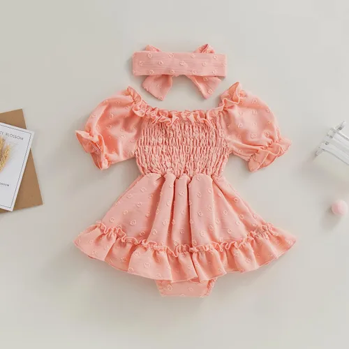 Miniatura 98 de Mameluco para bebés y niñas de 3, 6, 9, 12, 18 meses, enterizo de manga corta, fruncido, faldas y dobladillo, diadema