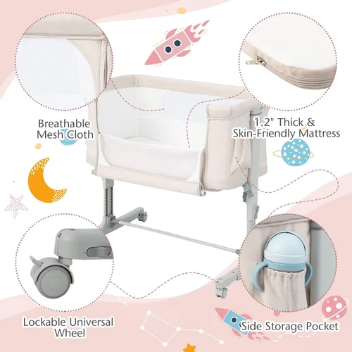 Miniatura 5 de BABY JOY Cuna plegable 3 en 1 con altura ajustable, colchón, ruedas bloqueables, bolsillo de almacenamiento y bolsa de transporte para recién Beige