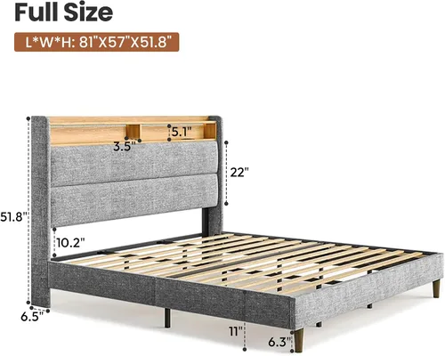 Miniatura 2 de Base de cama matrimonial con cabecera de almacenamiento con respaldo alado de 51.8 pulgadas, plataforma tapizada gris con estación de carga (tipo C)