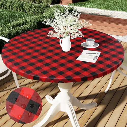 Miniatura 39 de Smiry - Mantel redondo de picnic de vinilo elástico impermeable con respaldo de franela, mantel de vinilo ajustable para mesas de 31-35 pulgadas