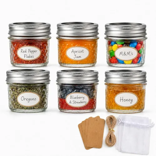 Tarros de vidrio de 4 onzas con tapas, paquete de 6 tarros pequeños con bolsas de regalo y etiquetas, mini tarros de vidrio herméticos inoxidables,