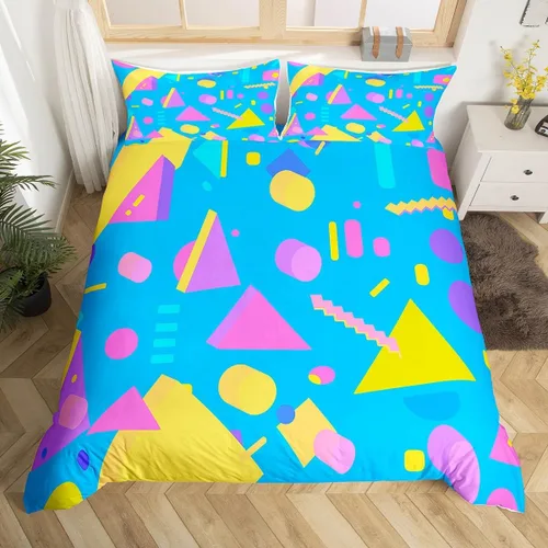 Miniatura 28 de Juego de funda de edredón retro de los años 80 y 90 para hombres y niños, tamaño matrimonial, con formas geométricas redondas triangulares, funda