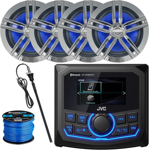 Miniatura 7 de JVC Receptor AM/FM/WB con pantalla LCD de 2.7 pulgadas, 4 altavoces negros de barco de potencia máxima de 6.5 pulgadas, 180 W, antena de radio negra