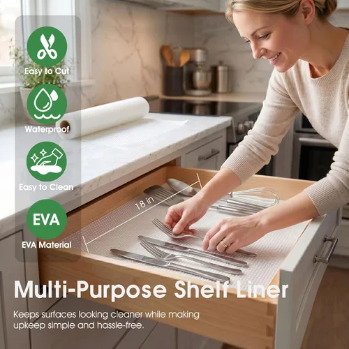 Miniatura 2 de PABUSIOR Revestimiento transparente para estantes de gabinete: tapete impermeable para cajones de baño de 17.7 x 96 pulgadas, protector de armarios