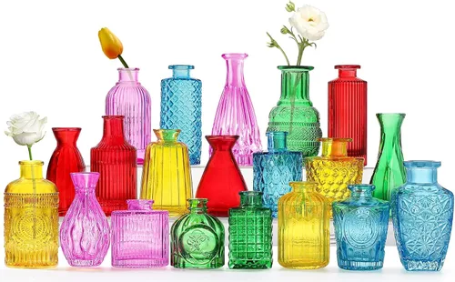 Jarrones de color a granel – Juego de floreros de cristal colorido para centros de mesa, estilo mini vintage para decoraciones rústicas de boda, 20