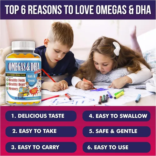 Miniatura 4 de Gomitas Omega 3 DHA para niños, para apoyo cerebral, concentración y memoria, gomitas de enfoque para niños y adolescentes, vitaminas infantiles