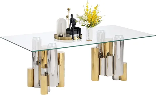 Miniatura 23 de Mesa de centro de vidrio templado de 31.5 pulgadas, moderna mesa de té dorada de 2 niveles con estante inferior, mesas centrales de lujo con marco