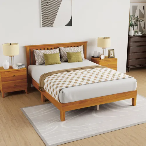 Miniatura 8 de MKDLUFEI Marco de cama de madera, cabecera y marco King con cabecera completa, marco de cama de madera con 14 listones de madera fuertes, cama