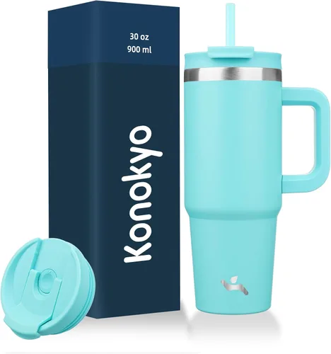Miniatura 32 de Konokyo - Vaso de 40 onzas con asa y 2 pajillas, botella de agua aislada 2 en 1 con tapa. Taza de viaje de acero inoxidable para café, flores