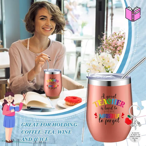 Miniatura 6 de Nuanchu Juego de 12 vasos de vino de acero inoxidable con tapas y popotes, regalos de agradecimiento para profesores, regalos de Navidad, 12 onzas