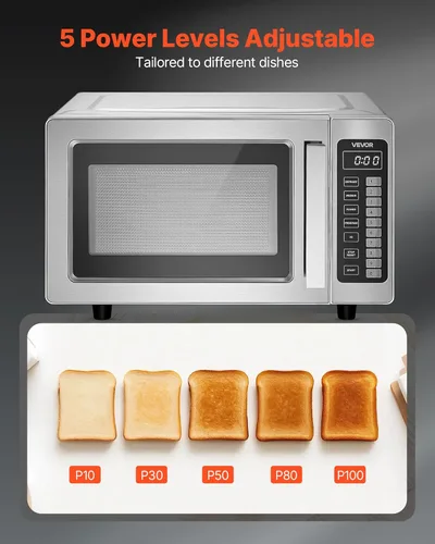Miniatura 5 de VEVOR Horno microondas comercial, 0.9 pies cúbicos, 1000W Horno microondas digital de acero inoxidable para encimera con pantalla táctil, 10 ajustes