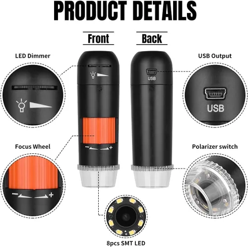 Miniatura 6 de Microscopio digital USB con polarizador, microscopio digital de moneda de mano de 5 MP con soporte de metal compatible con Windows y MacBook