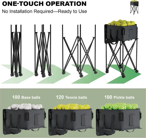 Miniatura 5 de Tolva de pelota de tenis para 120 pelotas, cesta de pelota de tenis con bolsa de almacenamiento extraíble, carrito de pelota de tenis con ruedas