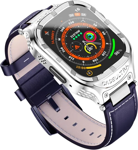 Miniatura 10 de Funda de acero inoxidable compatible con Apple Watch Ultra 2 correas para hombres de 1.929 in 1.772 in 1.732 in 1.654 in, correa de cuero genuino