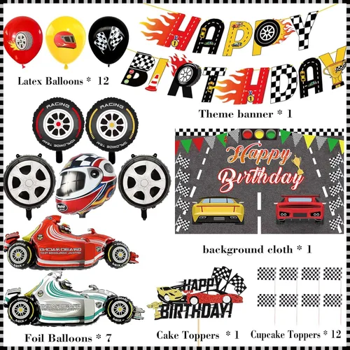 Miniatura 2 de Decoraciones de fiesta de cumpleaños de coche de carreras, 34 globos de decoración, incluye pancarta, globo, telón de fondo, tela, casco